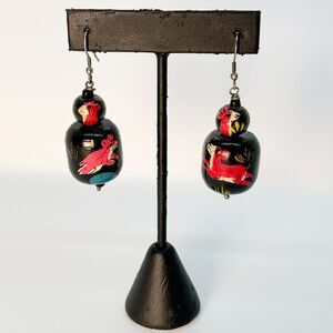 Vintage Red Deer Mouse Kookaburra Wood Earring Unique Upcycled Black Green Asian